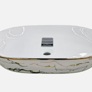Oval Ceramic Vessel Sink with Marble-Pattern Outer Finish and Gold Rim Trim
