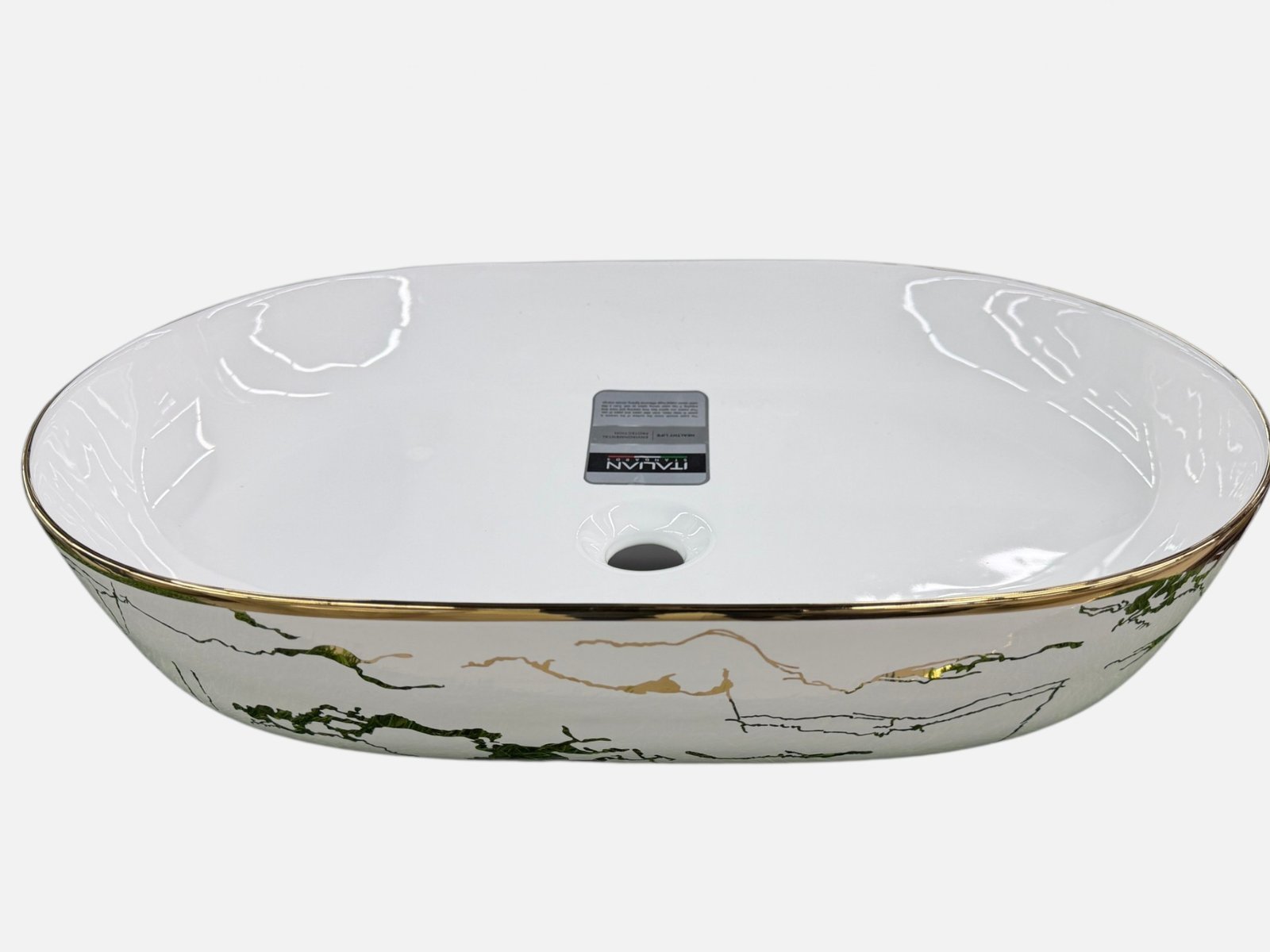 Oval Ceramic Vessel Sink with Marble-Pattern Outer Finish and Gold Rim Trim